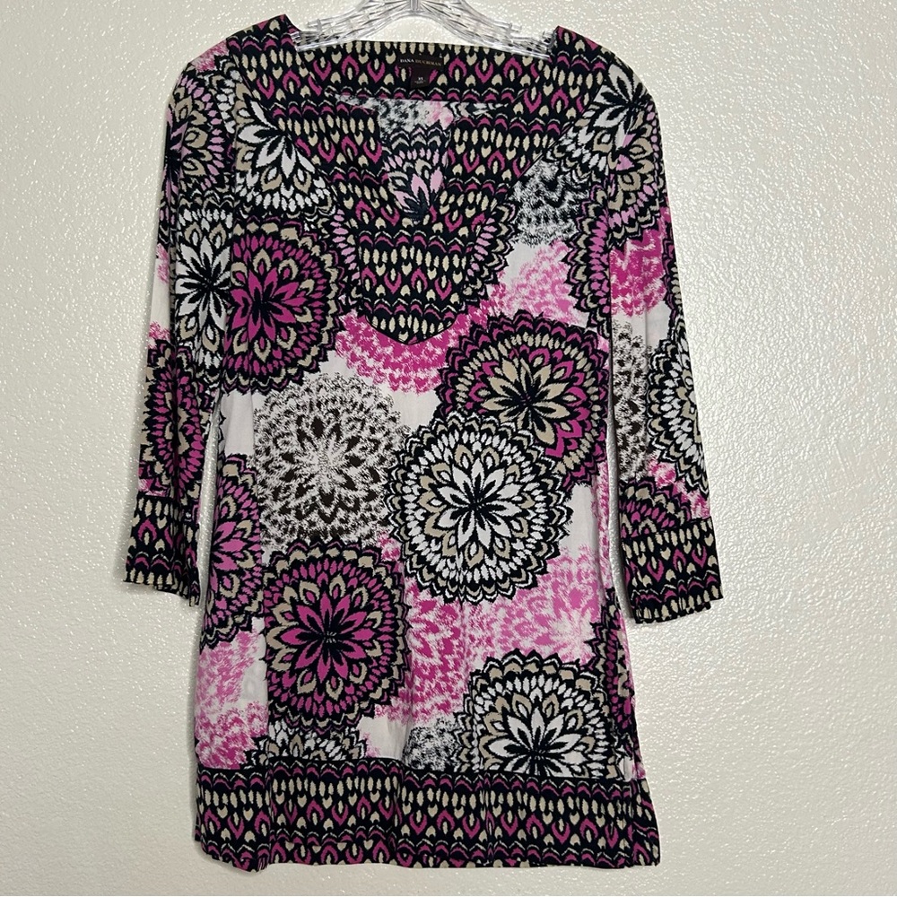 Dana Buchman Women's Tunic Kaftan Floral Medallion Pink/White Tunic Cotton XS